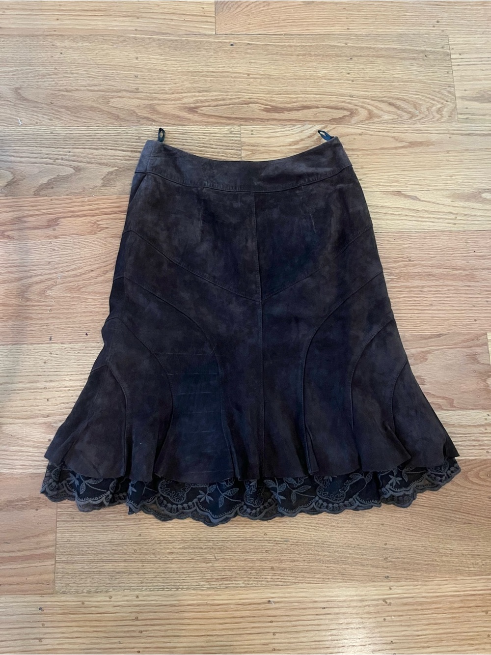 Tristan & Iseut Genuine Leather Suede Lace Midi Skirt Brown Size 6